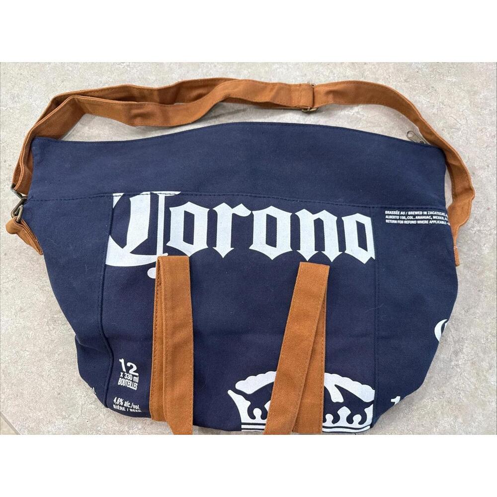 Corona Beer Travel Canvas Tote Bag Navy White  Zips Fits 12 Bottles Cross Body